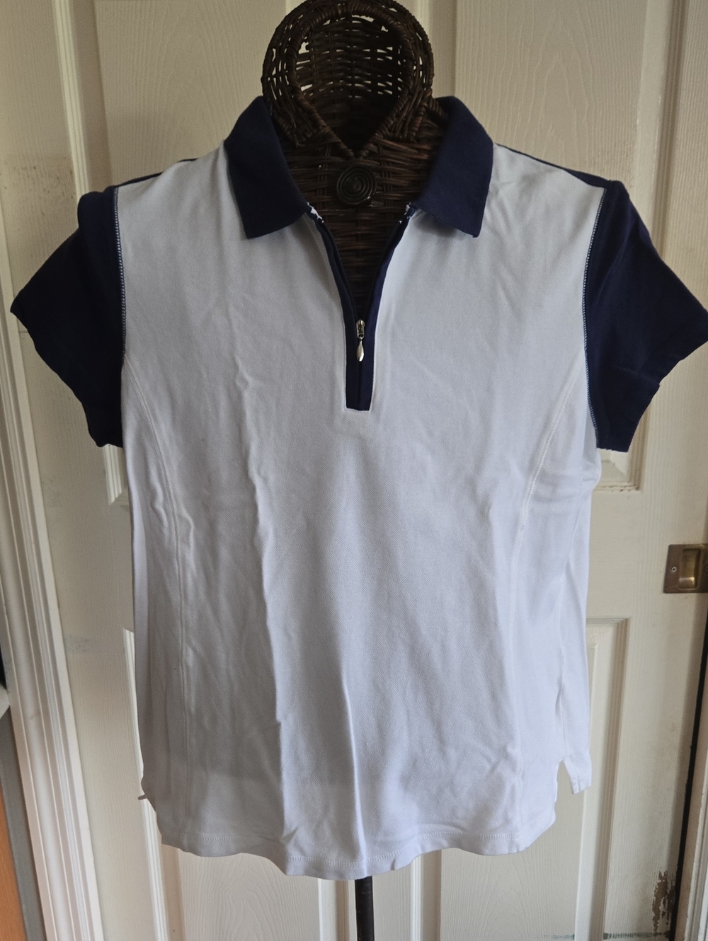 Women's White Polo Golf  Top with Navy Collar and Sleeves-Size XL